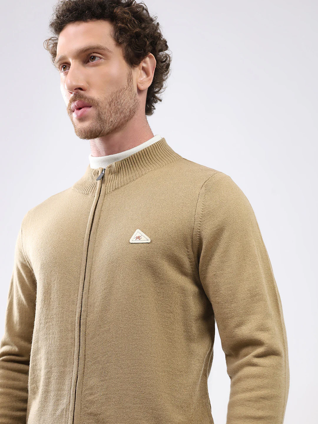 Men Khaki Solid Mock Neck Full Sleeve Pullover - Image 6