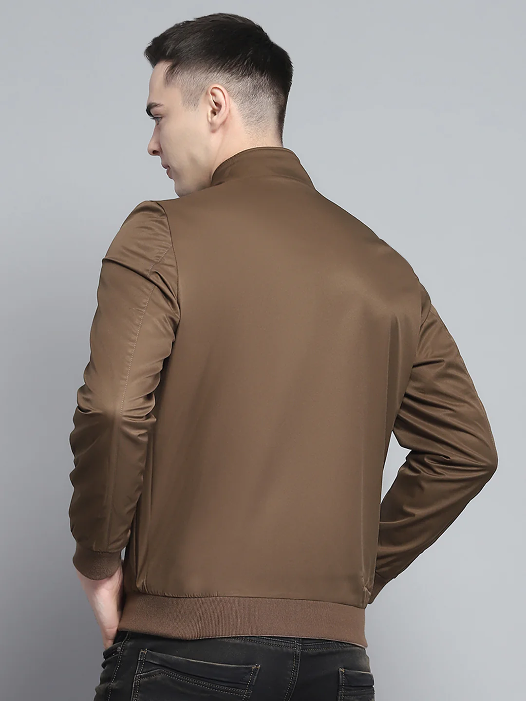 Men Khaki Solid Mock Neck Full Sleeve Reversible Jacket - Image 9
