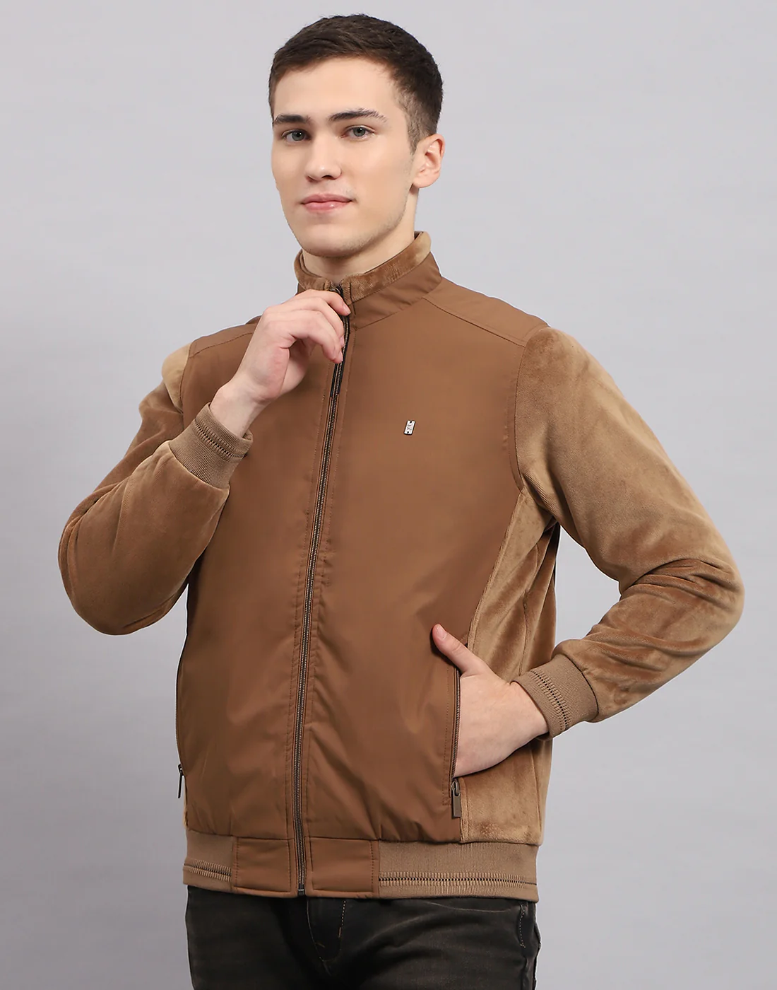 Men Khaki Solid Mock Neck Full Sleeve Jacket - Image 2