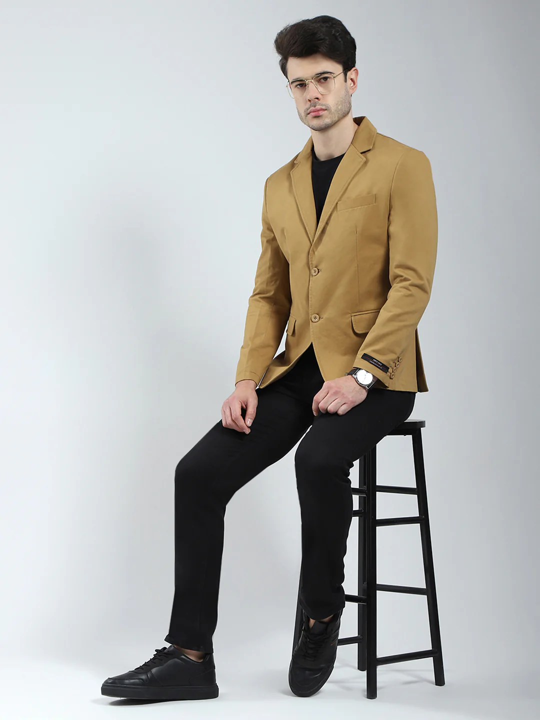Men Khaki Solid Notch Lapel Collar Full Sleeve Blazer - Image 2