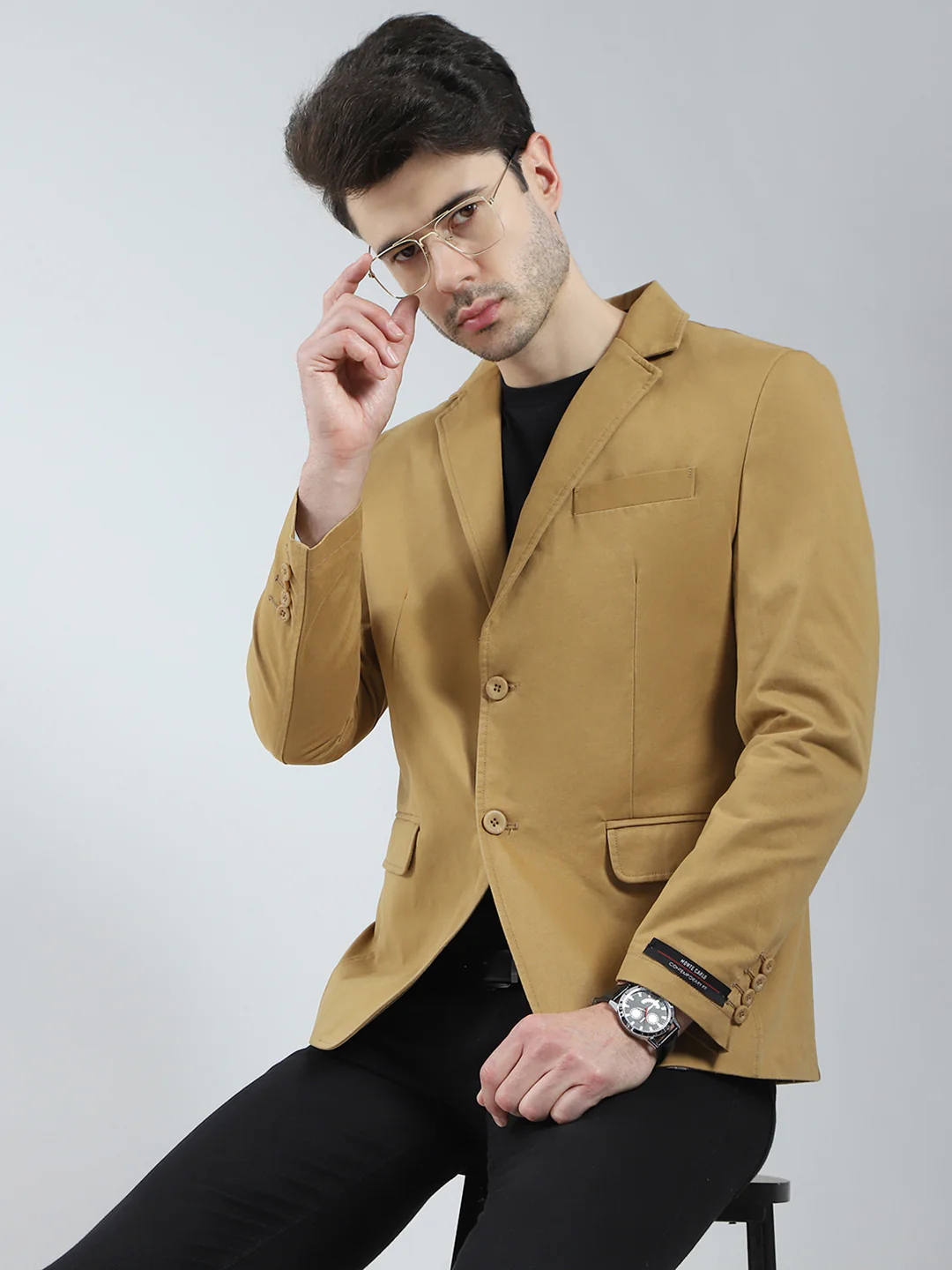 Men Khaki Solid Notch Lapel Collar Full Sleeve Blazer - Image 6