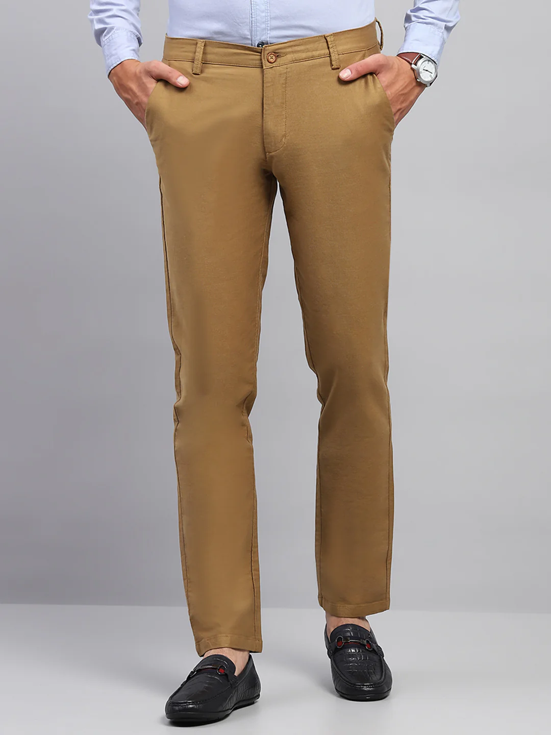 Men Khaki Solid Regular Fit Trouser - Image 2