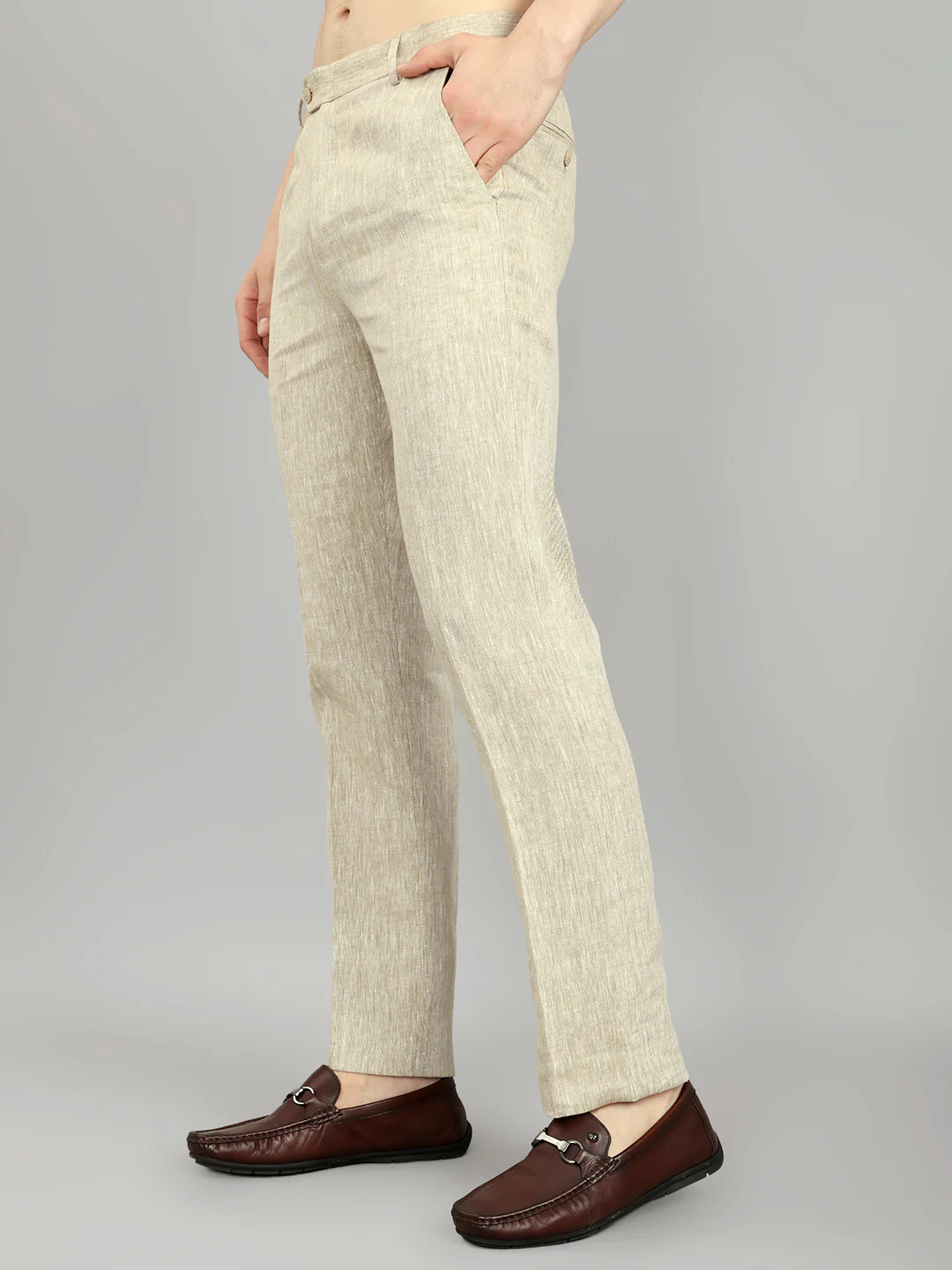 Men Khaki Solid Regular Fit Trouser - Image 2
