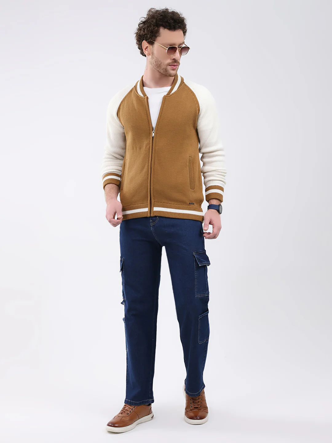 Men Khaki Solid Round Neck Full Sleeve Pullover - Image 2