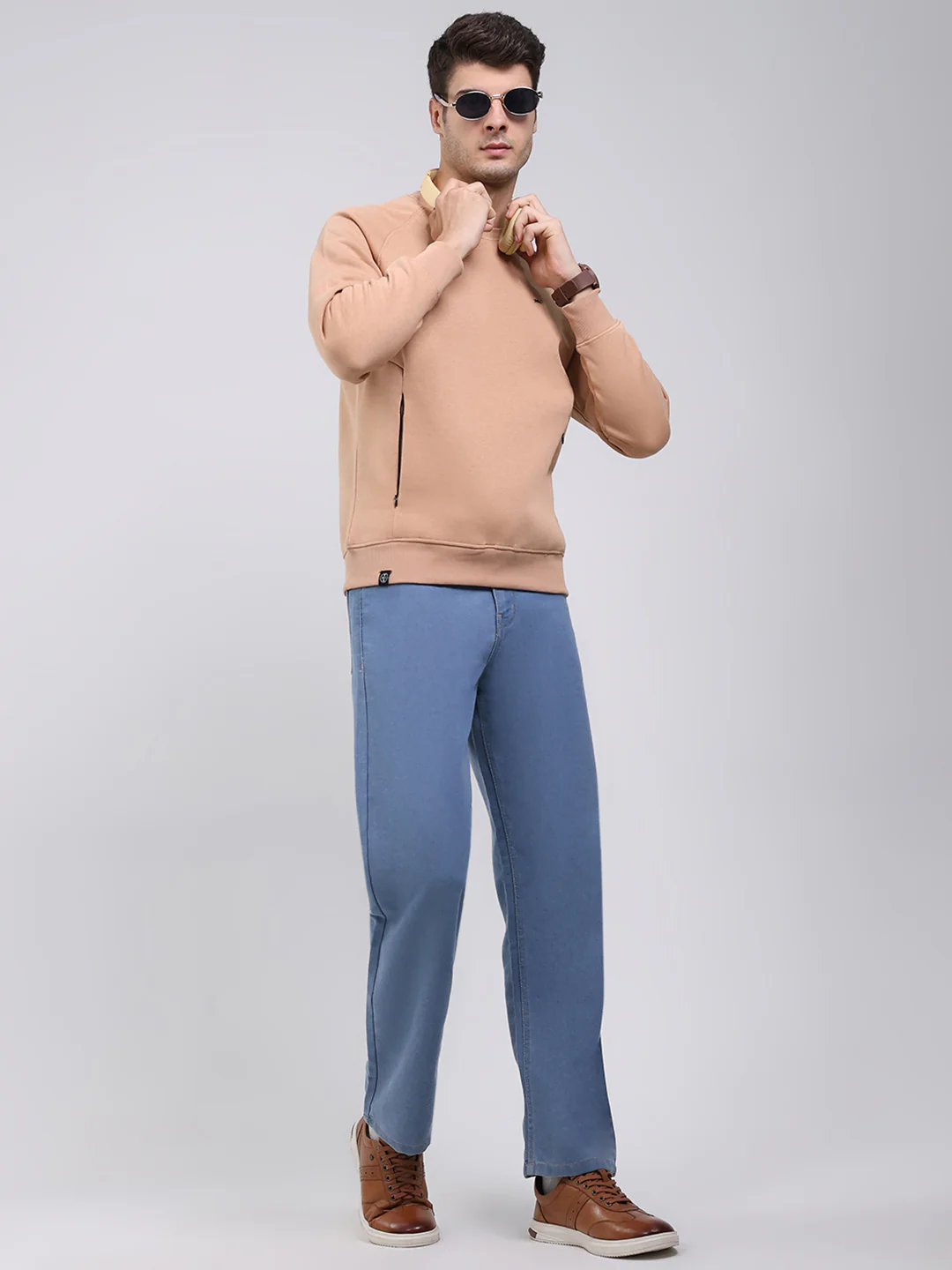 Men Khaki Solid Round Neck Full Sleeve Sweatshirt - Image 2