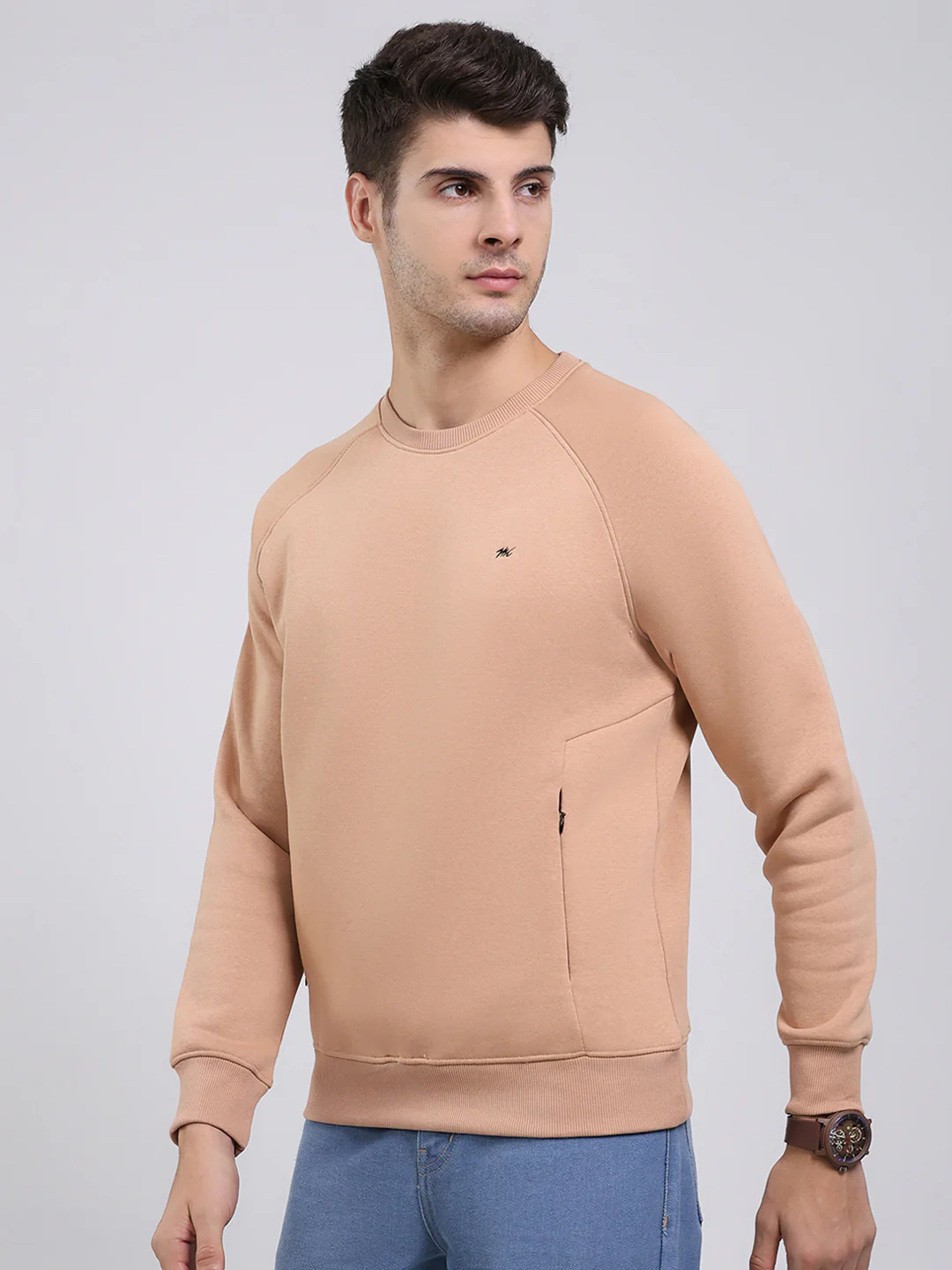Men Khaki Solid Round Neck Full Sleeve Sweatshirt - Image 3