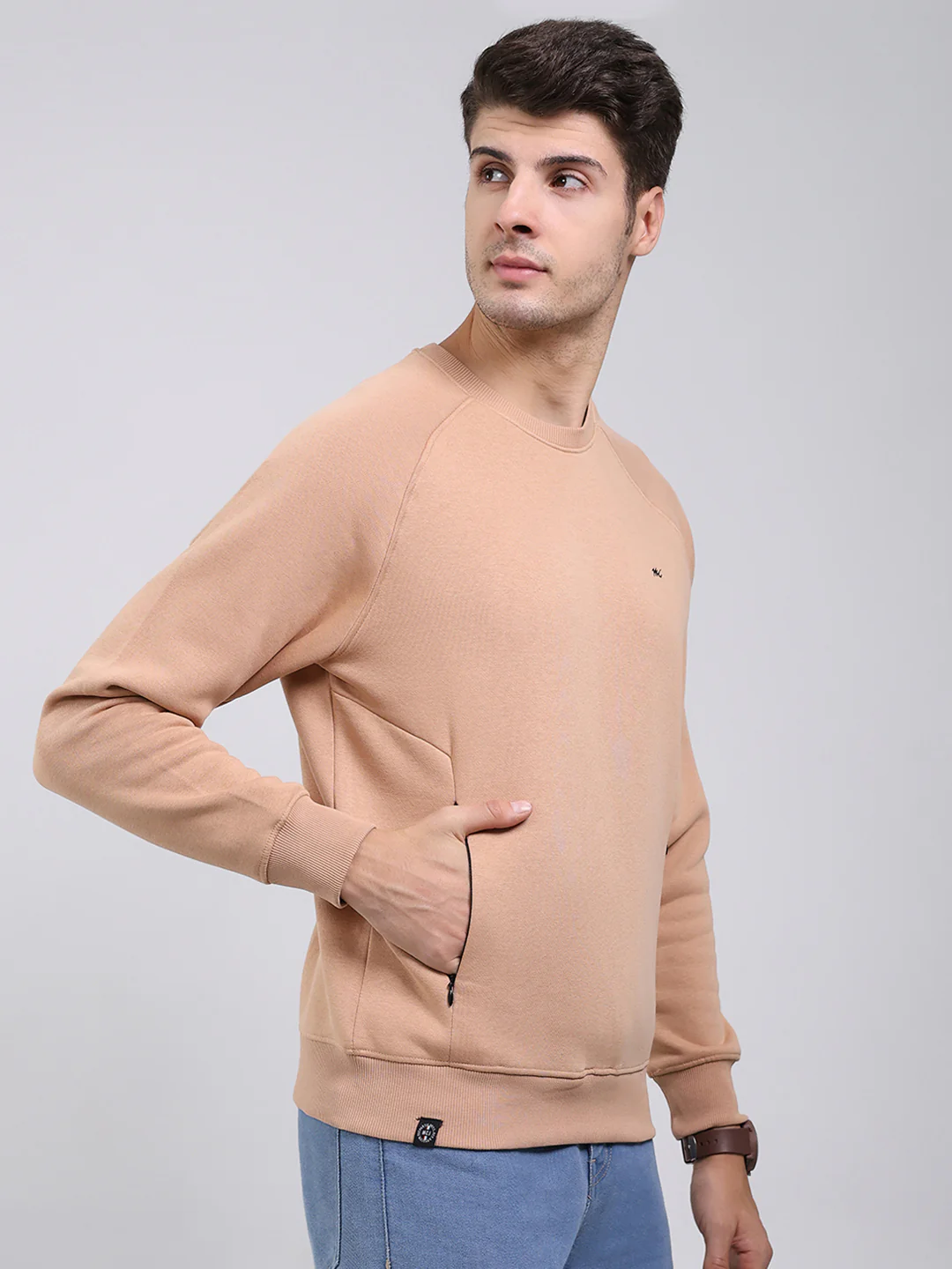 Men Khaki Solid Round Neck Full Sleeve Sweatshirt - Image 4