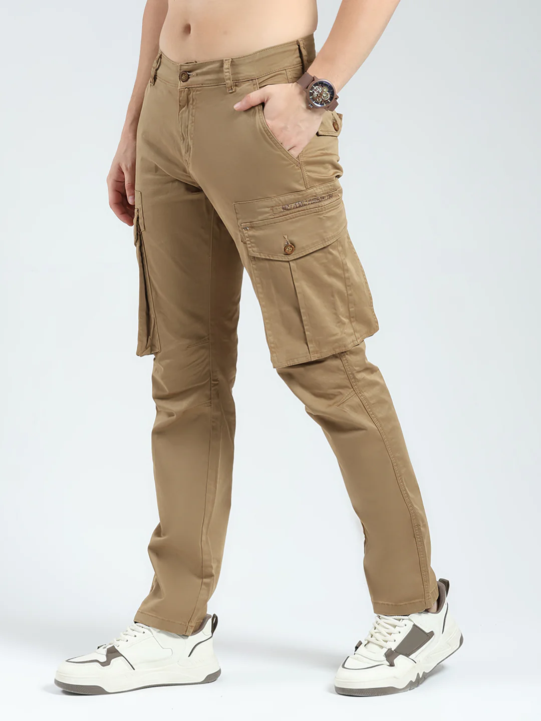 Men Khaki Solid Slim Fit Cargo - Image 3