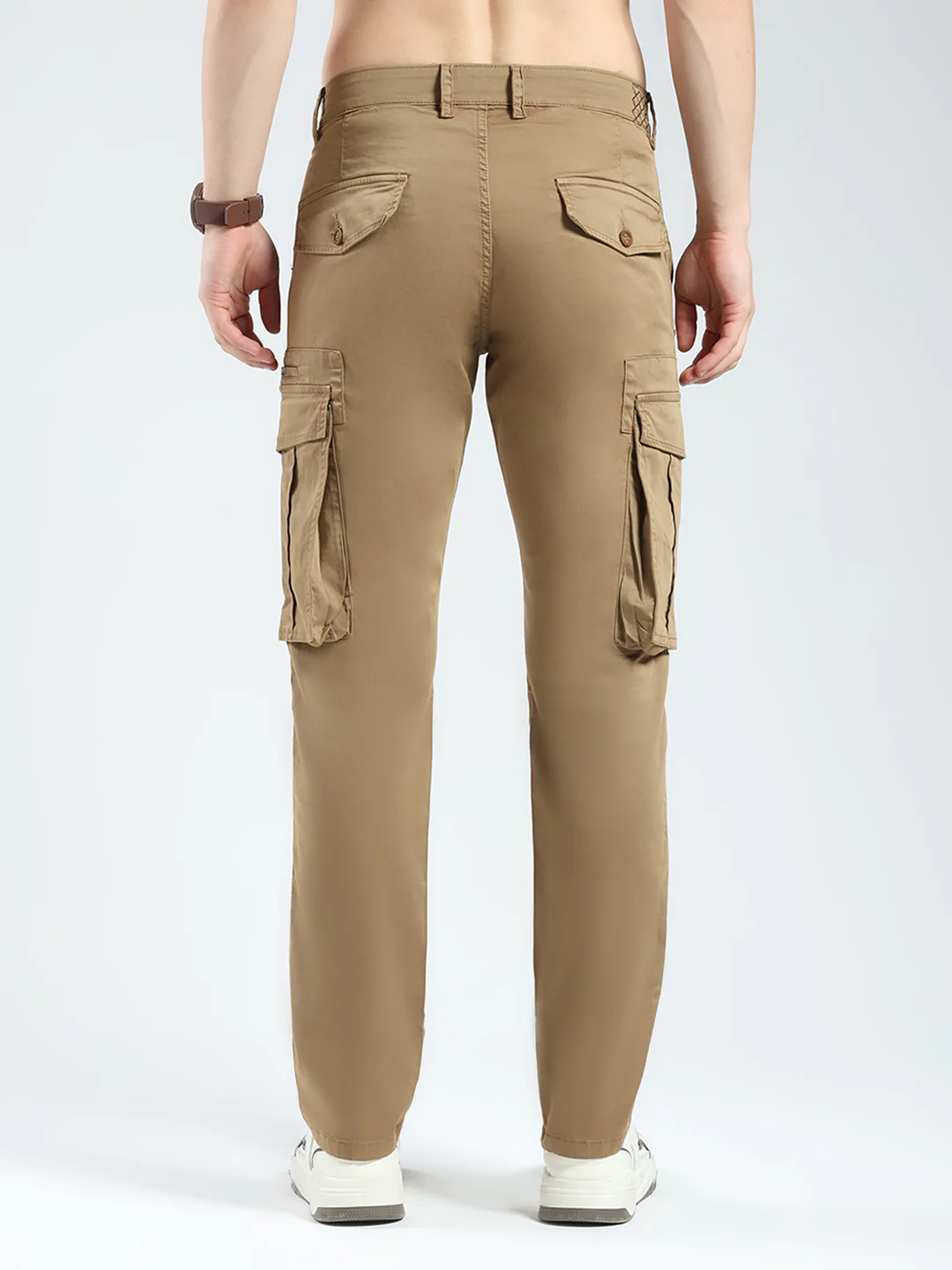 Men Khaki Solid Slim Fit Cargo - Image 5