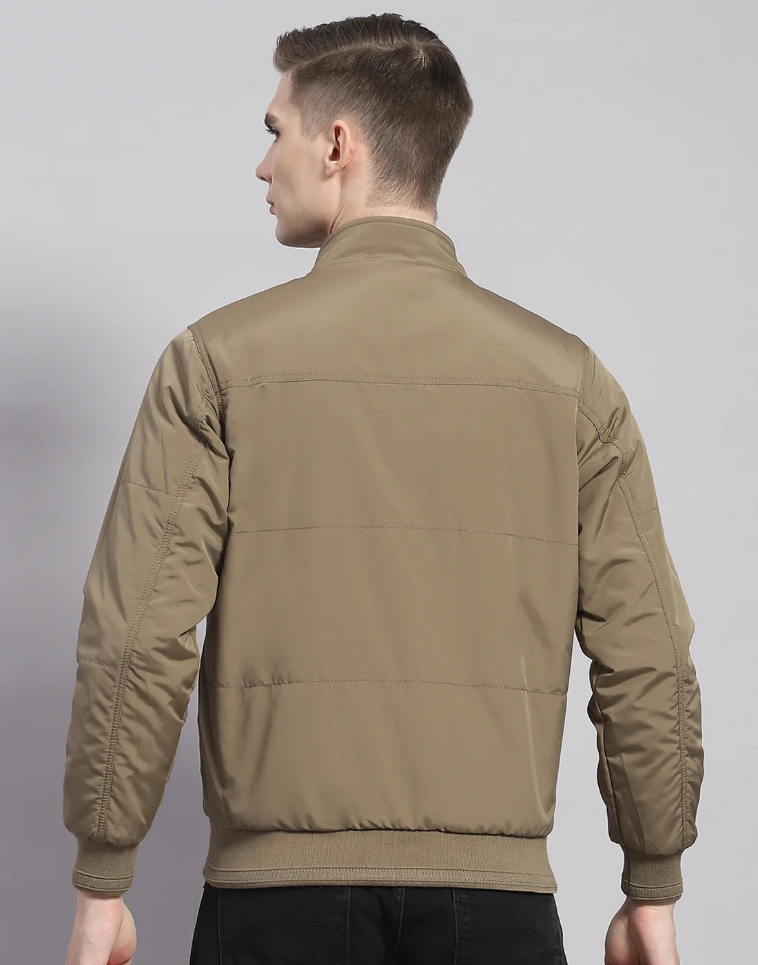 Men Khaki Solid Stand Collar Full Sleeve Jacket - Image 7