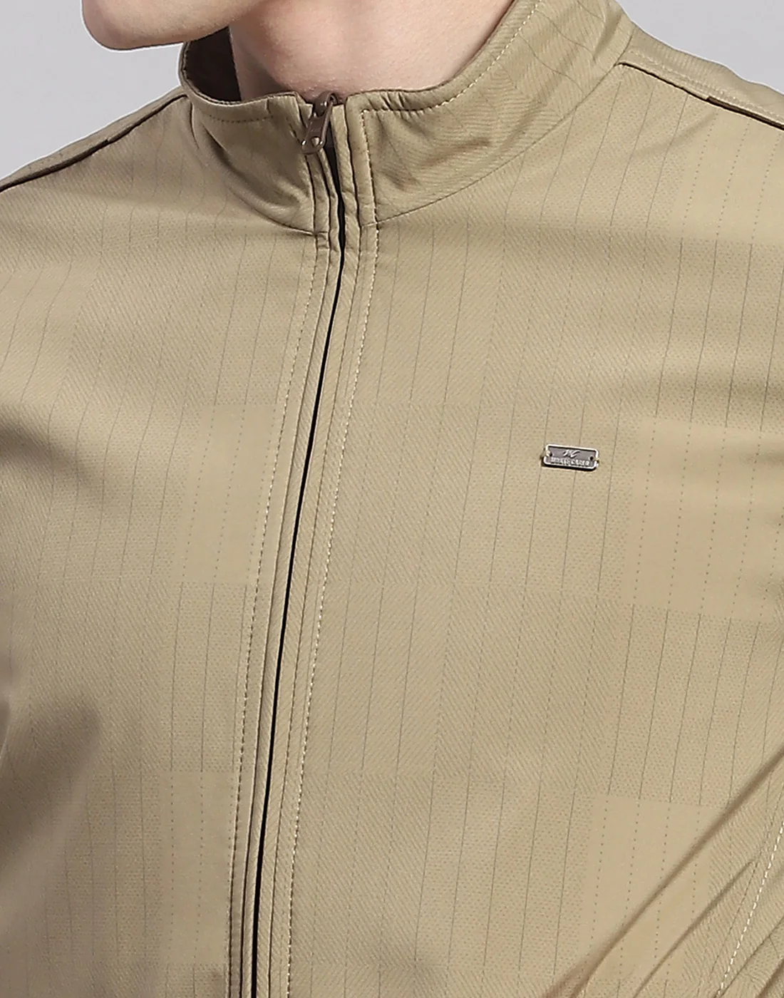 Men Khaki Solid Stand Collar Full Sleeve Jacket - Image 8
