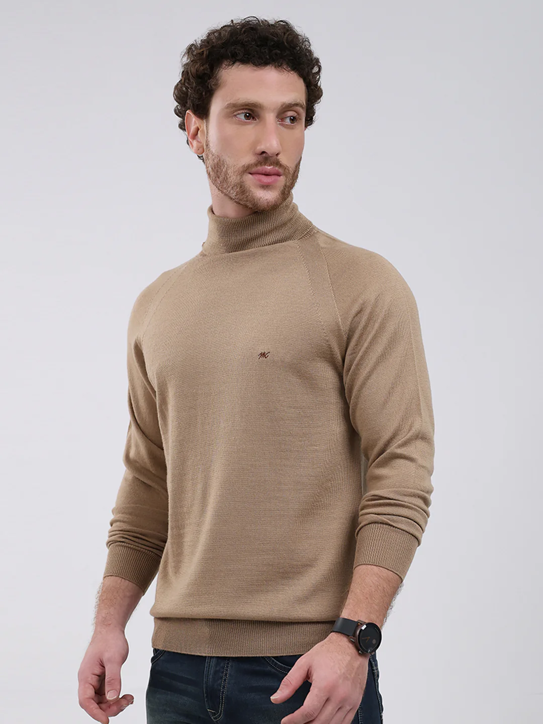 Men Khaki Solid Turtle Neck Full Sleeve Pullover - Image 3