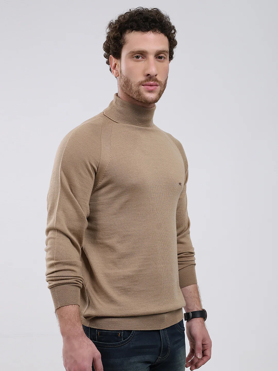 Men Khaki Solid Turtle Neck Full Sleeve Pullover - Image 4