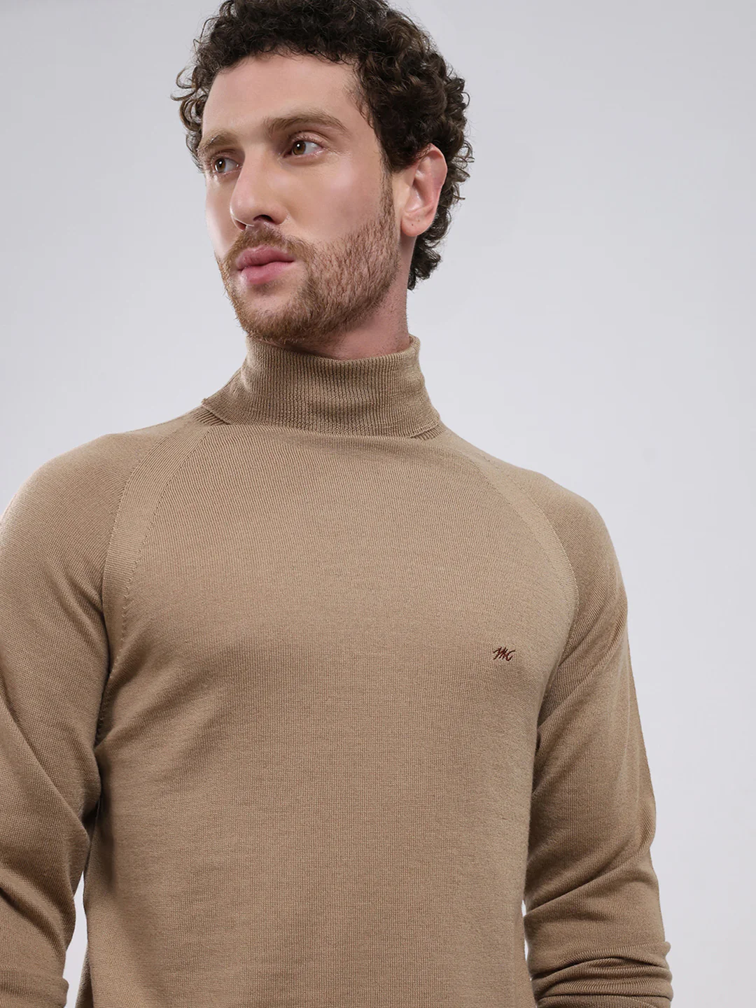 Men Khaki Solid Turtle Neck Full Sleeve Pullover - Image 7