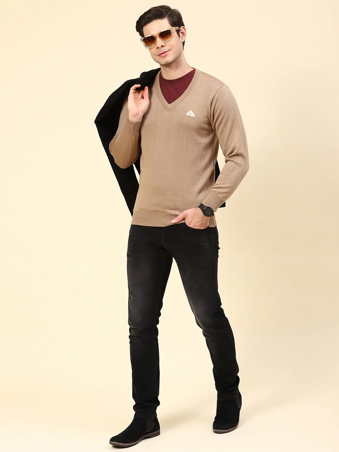 Men Khaki Solid V Neck Full Sleeve Pullover - Image 2