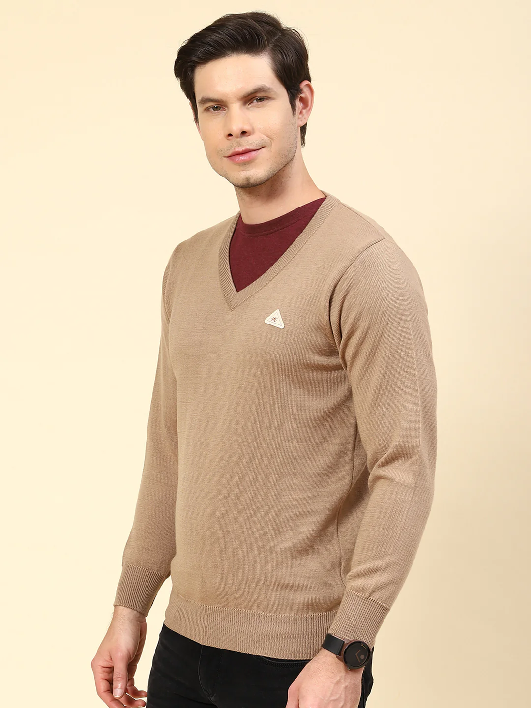Men Khaki Solid V Neck Full Sleeve Pullover - Image 3