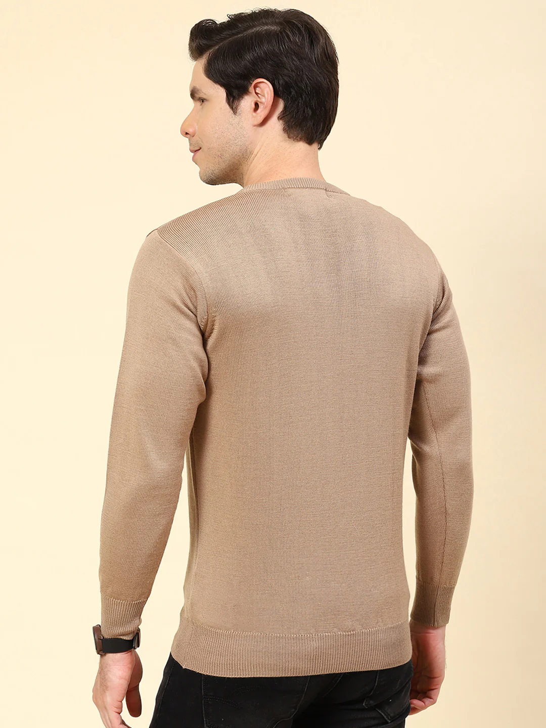 Men Khaki Solid V Neck Full Sleeve Pullover - Image 5