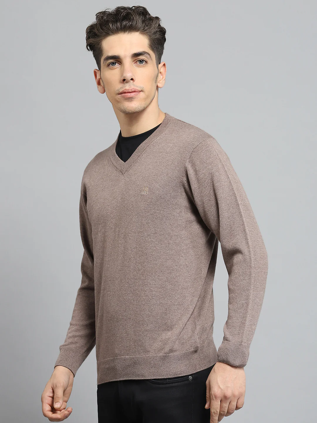 Men Khaki Solid V Neck Full Sleeve Pullover - Image 3