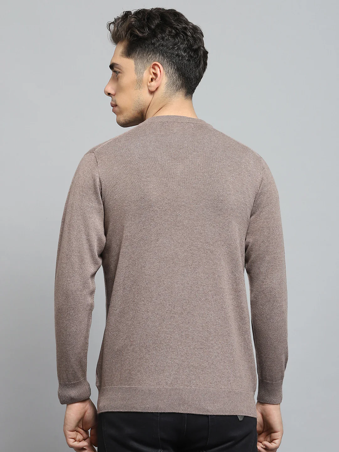 Men Khaki Solid V Neck Full Sleeve Pullover - Image 5