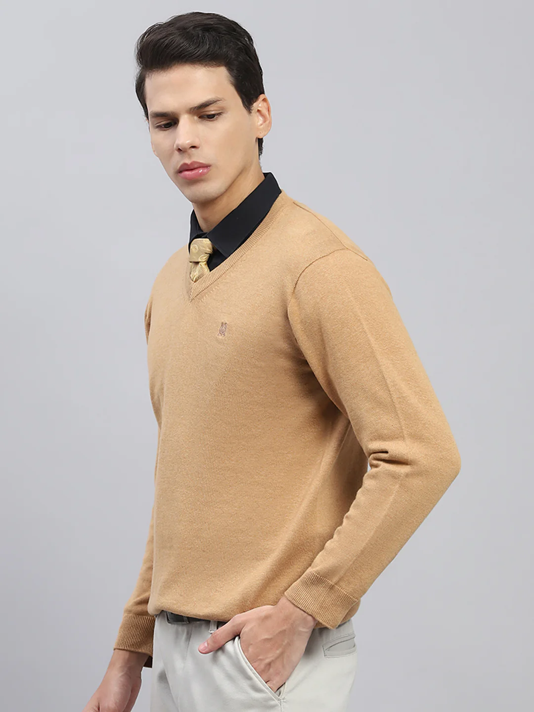 Men Khaki Solid V Neck Full Sleeve Pullover - Image 3