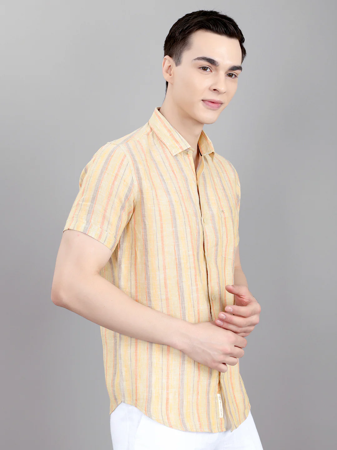 Men Khaki Stripe Collar Half Sleeve Shirt - Image 3
