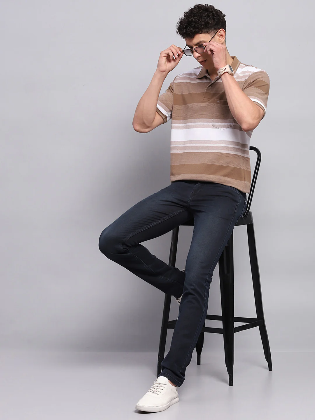 Men Khaki Stripe Collar Half Sleeve T-Shirt - Image 2