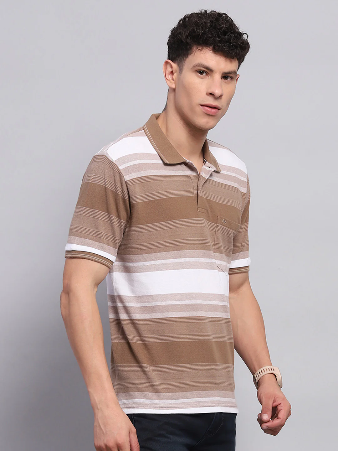 Men Khaki Stripe Collar Half Sleeve T-Shirt - Image 4