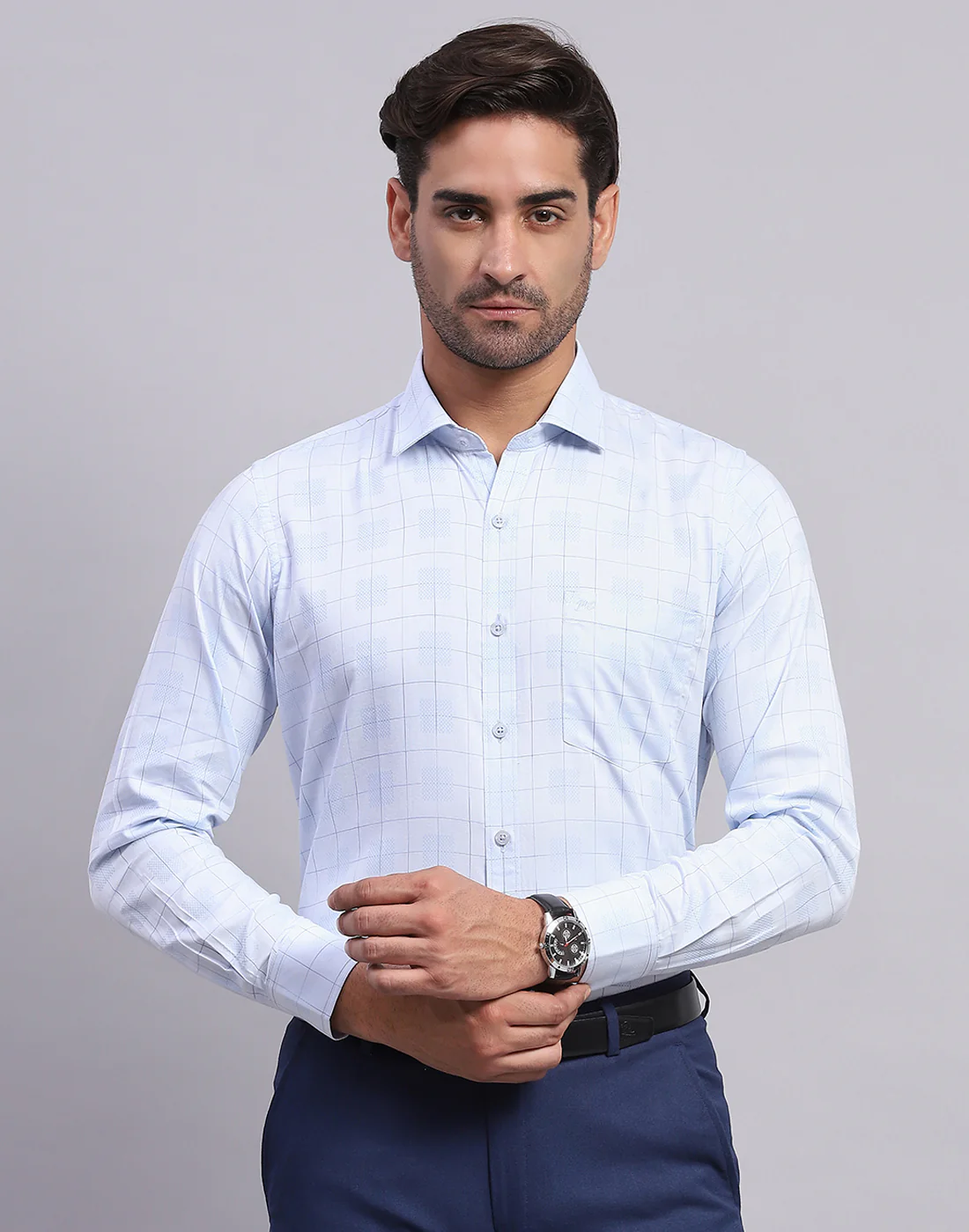 Men Light Blue Check Collar Full Sleeve Shirt - Image 2