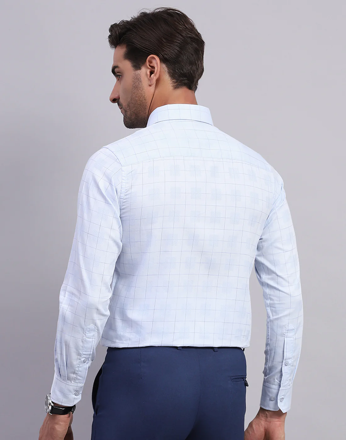 Men Light Blue Check Collar Full Sleeve Shirt - Image 5
