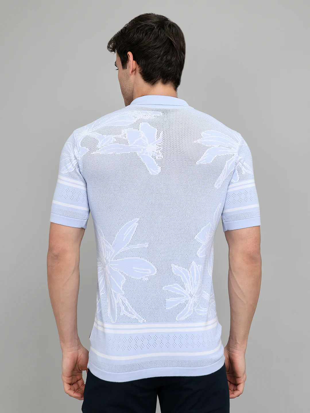 Men Light Blue Designer Collar Half Sleeve Knitted Shirt - Image 5