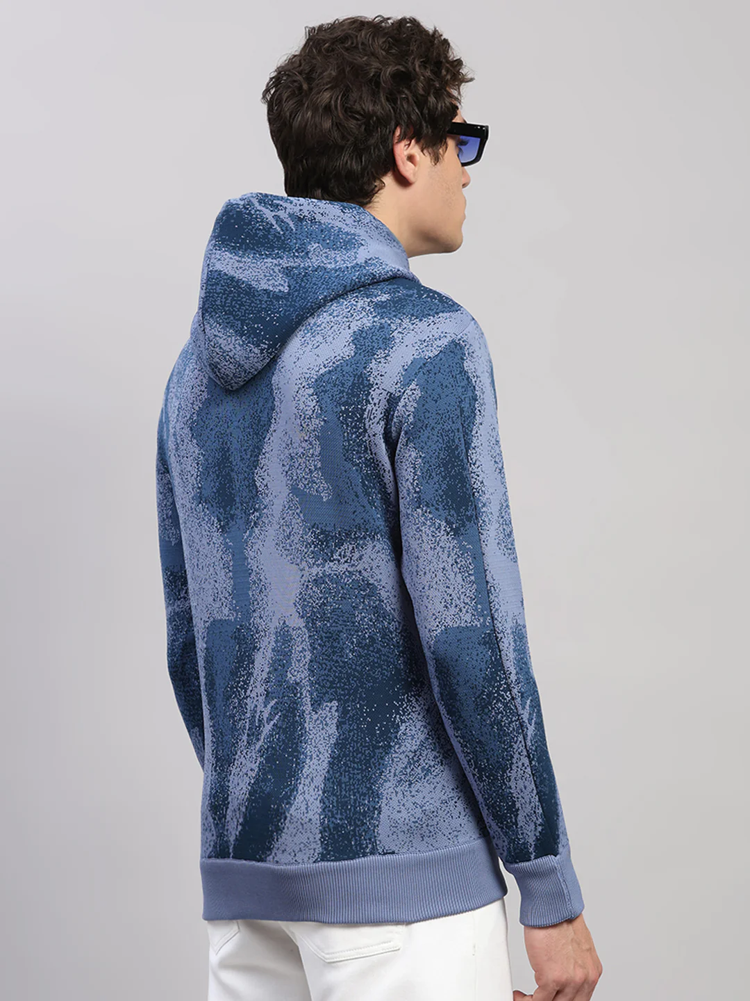 Men Light Blue Printed Hooded Full Sleeve Pullover - Image 5