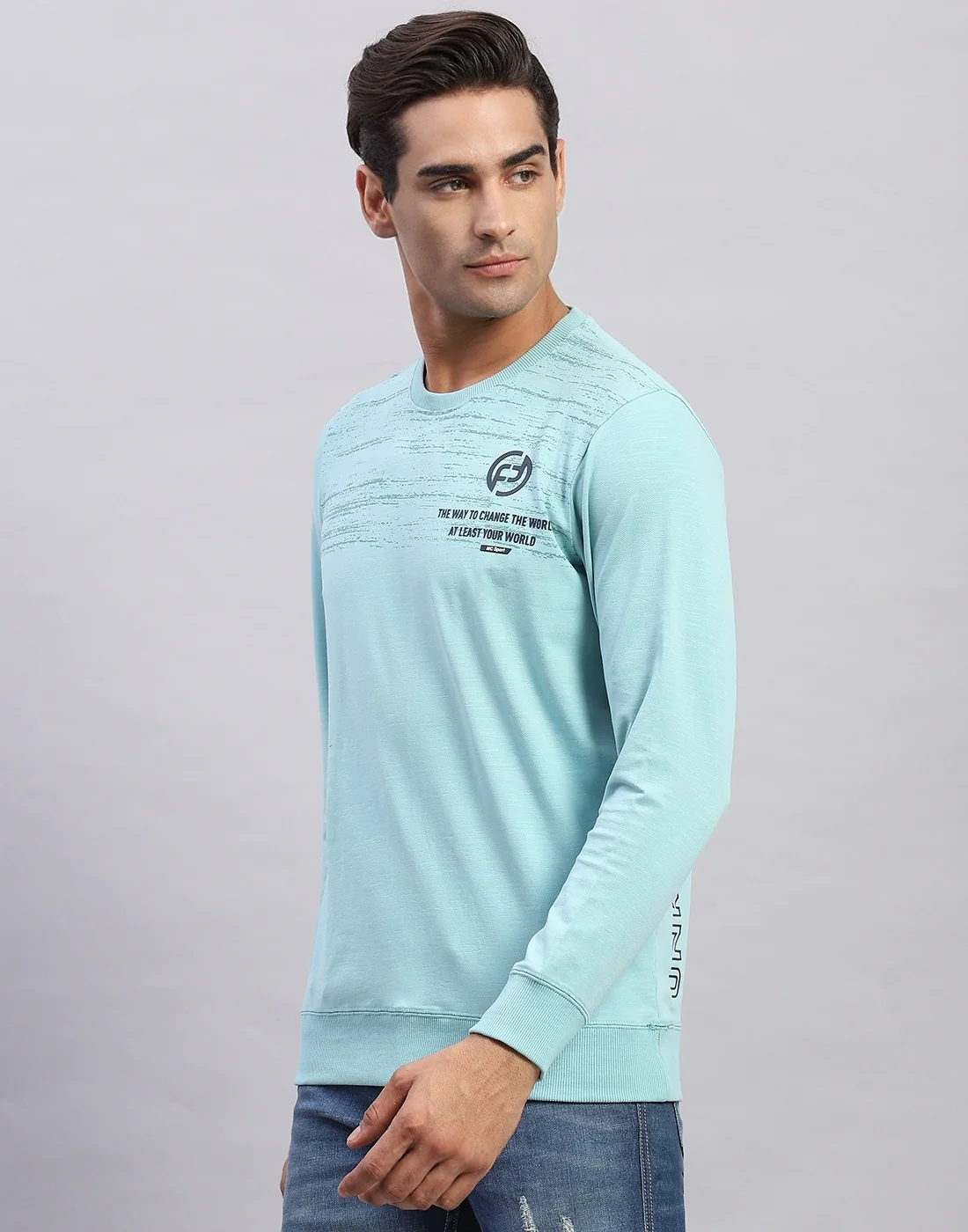 Men Light Blue Printed Round Neck Full Sleeve Winter T-Shirt - Image 3
