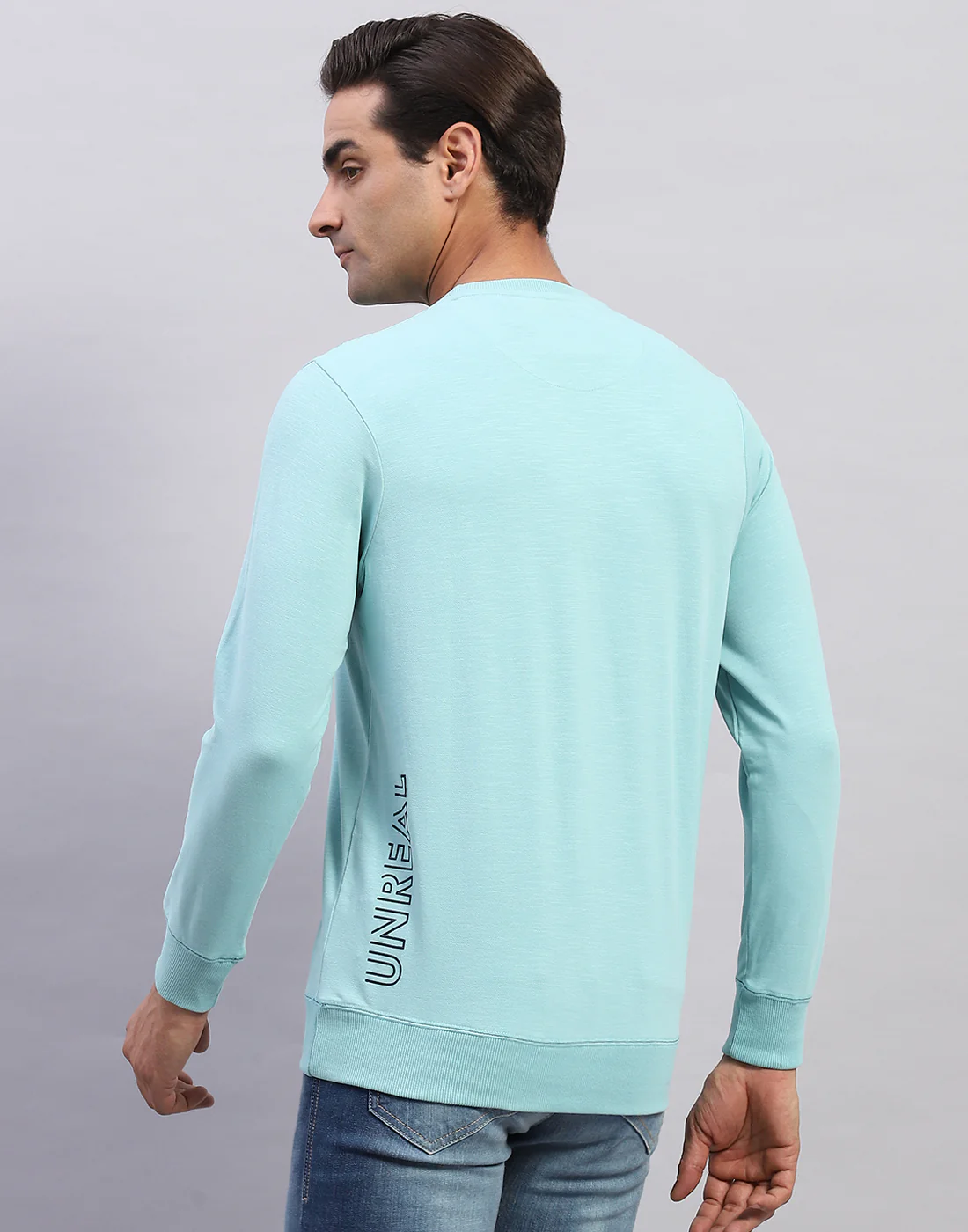 Men Light Blue Printed Round Neck Full Sleeve Winter T-Shirt - Image 5