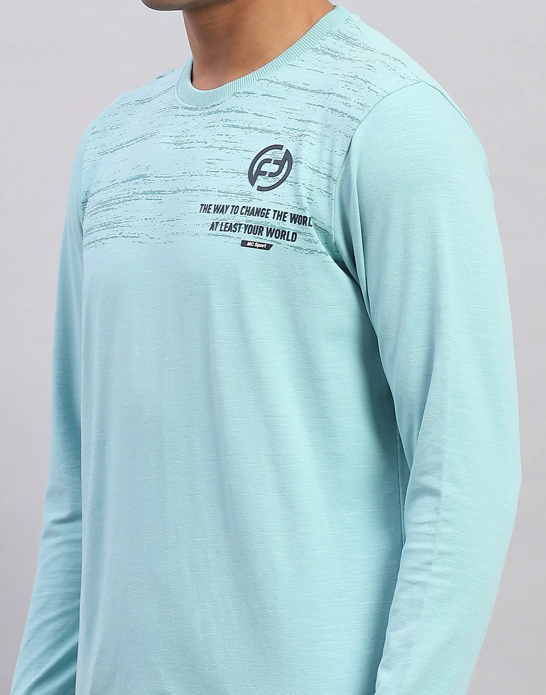 Men Light Blue Printed Round Neck Full Sleeve Winter T-Shirt - Image 6