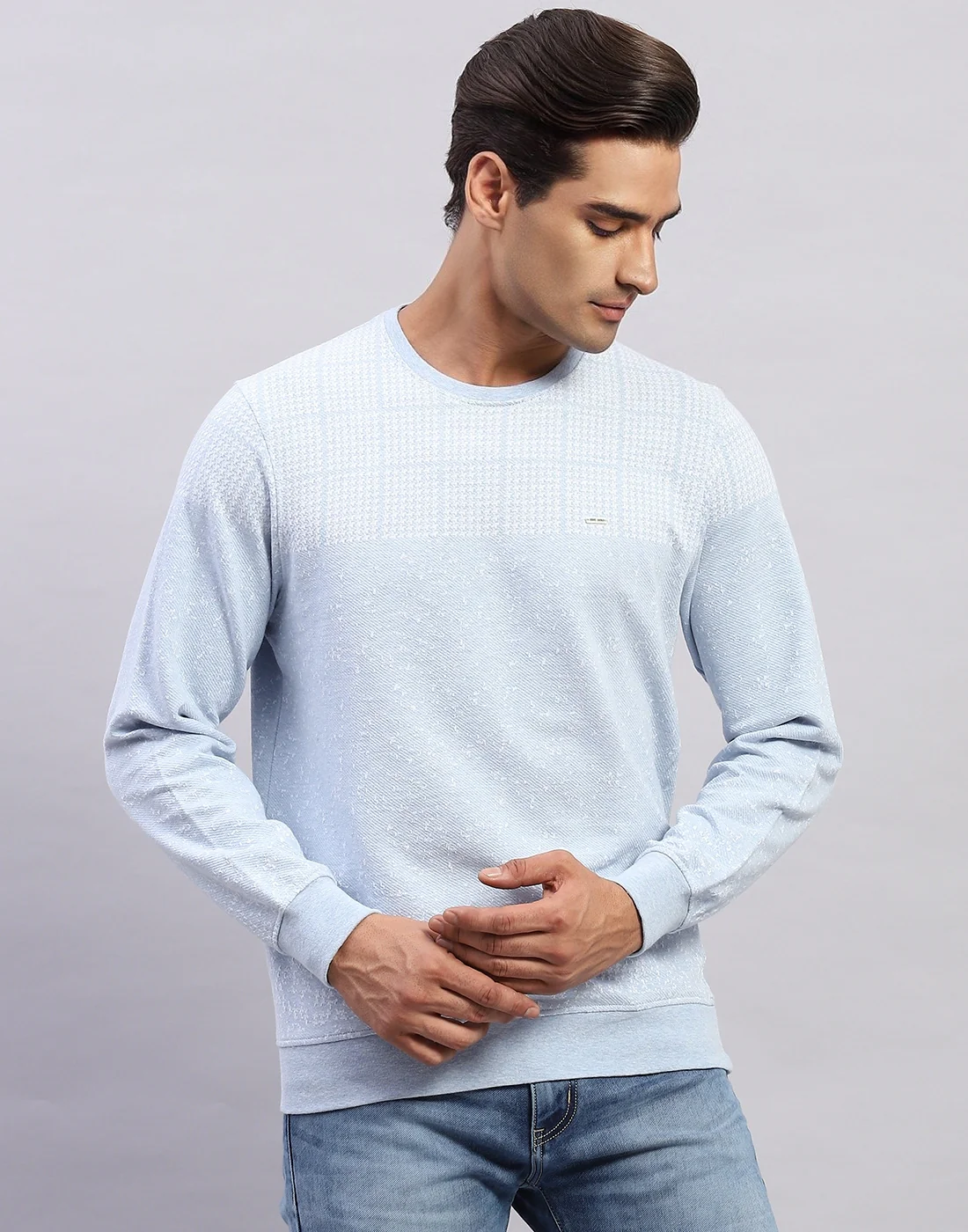 Men Light Blue Printed Round Neck Full Sleeve Winter T-Shirt - Image 2