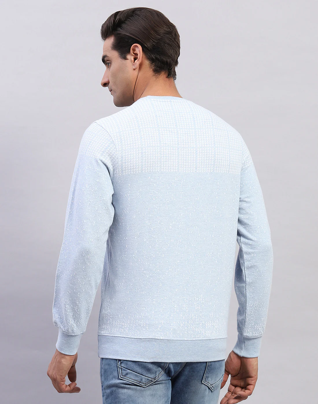 Men Light Blue Printed Round Neck Full Sleeve Winter T-Shirt - Image 5
