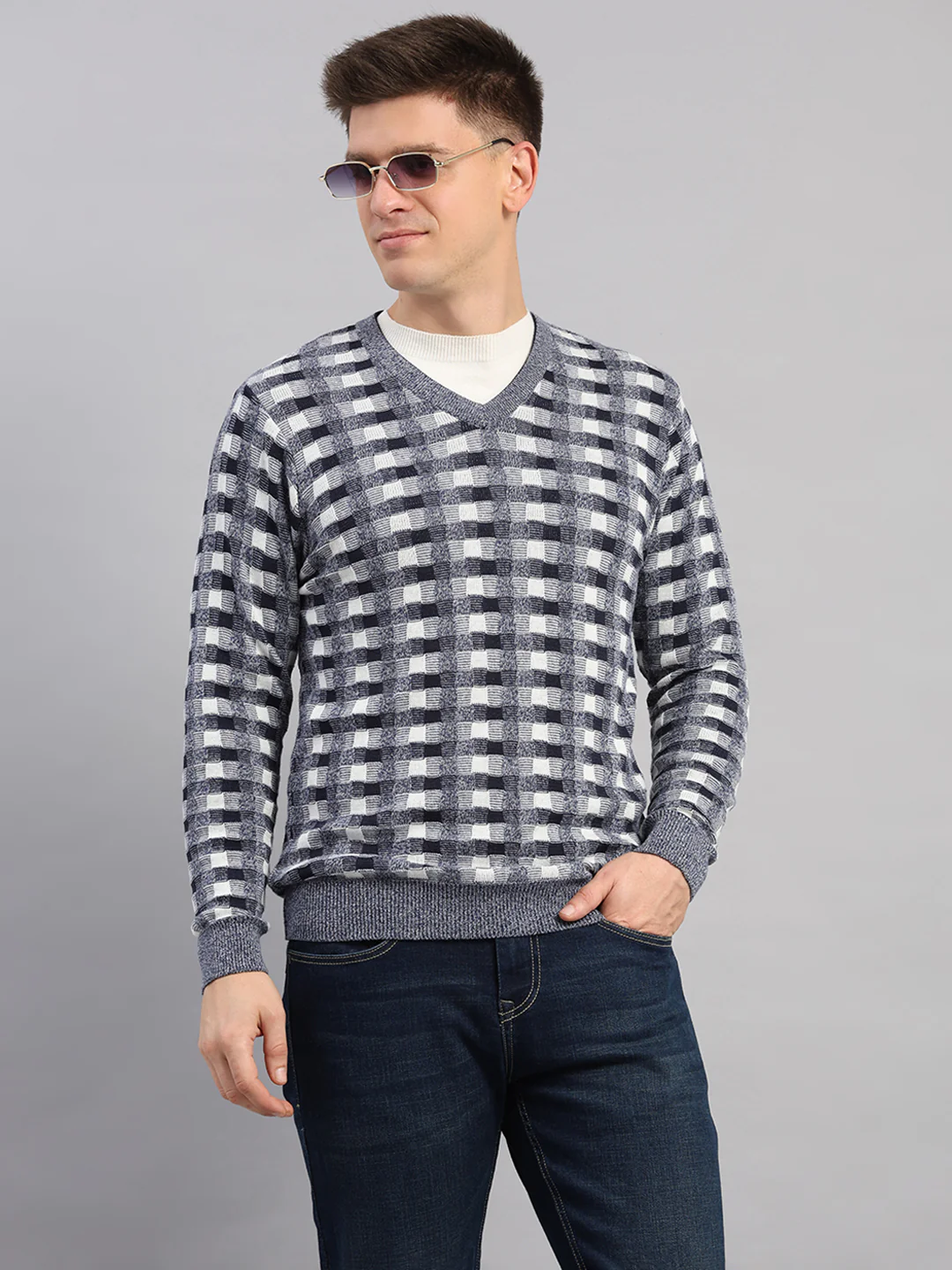 Men Light Blue Printed V Neck Full Sleeve Pullover - Image 3