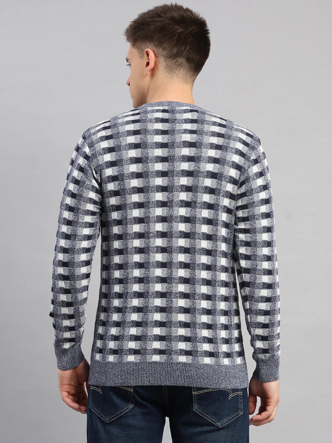 Men Light Blue Printed V Neck Full Sleeve Pullover - Image 6