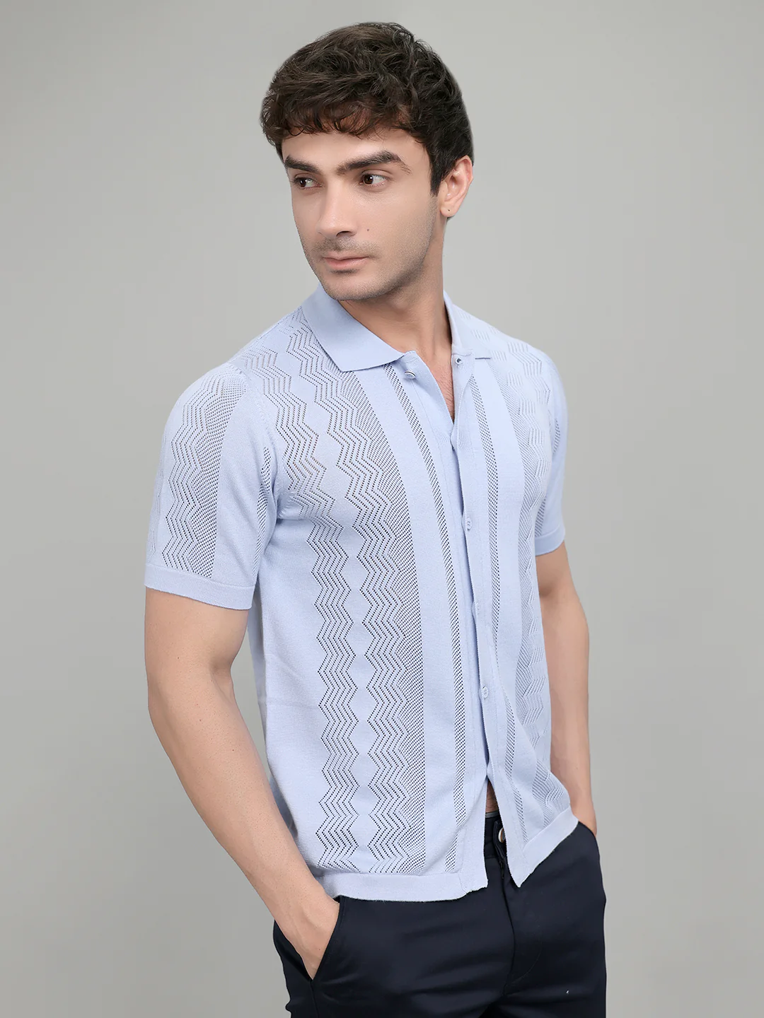 Men Light Blue Self Design Collar Half Sleeve Shirt - Image 3