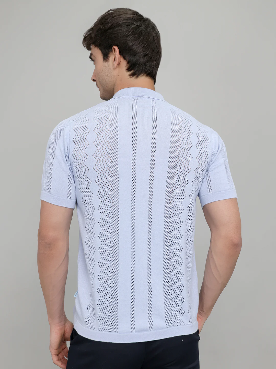 Men Light Blue Self Design Collar Half Sleeve Shirt - Image 4