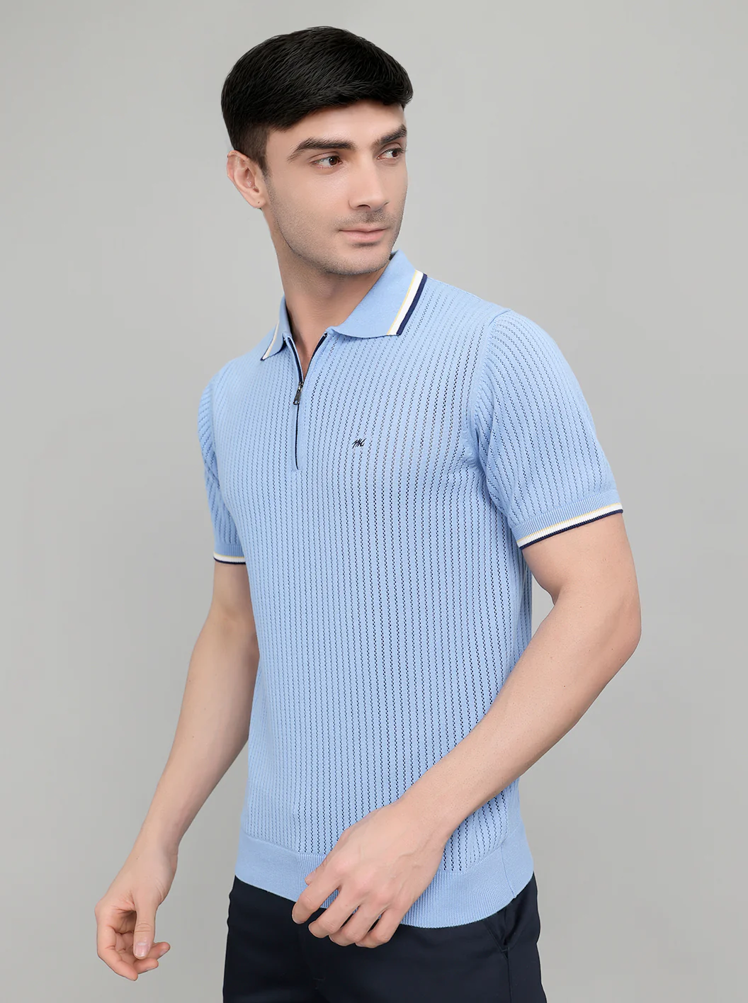 Men Light Blue Self Design Collar Half Sleeve T-Shirt - Image 3