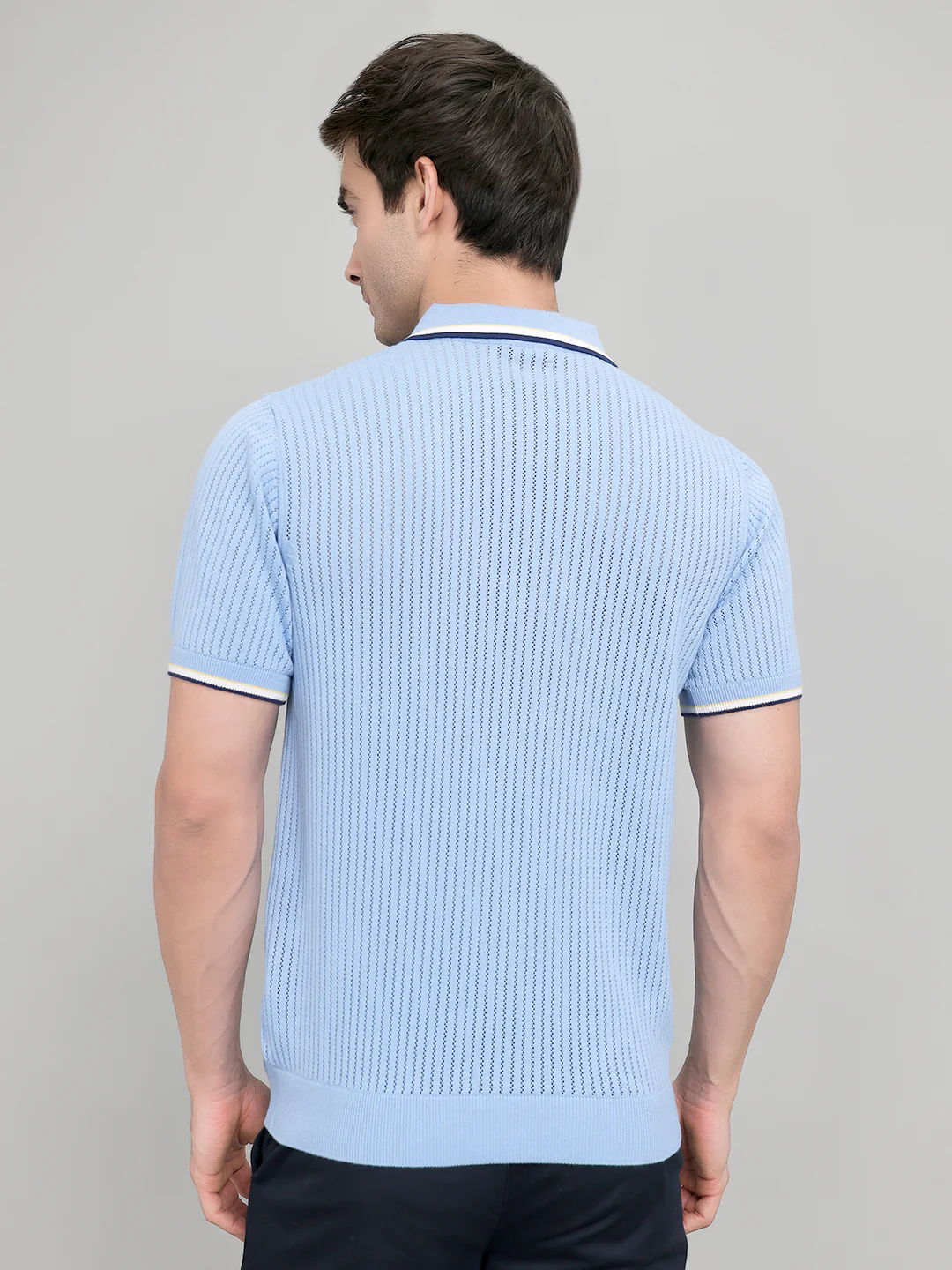 Men Light Blue Self Design Collar Half Sleeve T-Shirt - Image 4