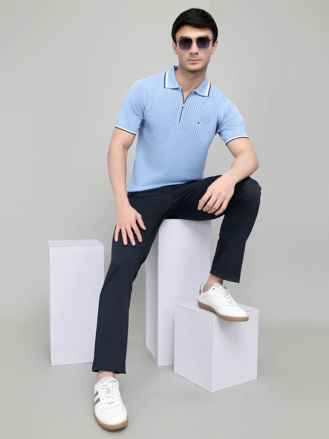 Men Light Blue Self Design Collar Half Sleeve T-Shirt - Image 6