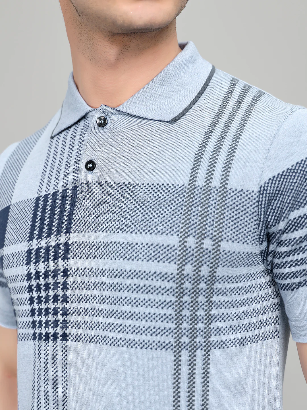 Men Light Blue Self Design Collar Half Sleeve T-Shirt - Image 5
