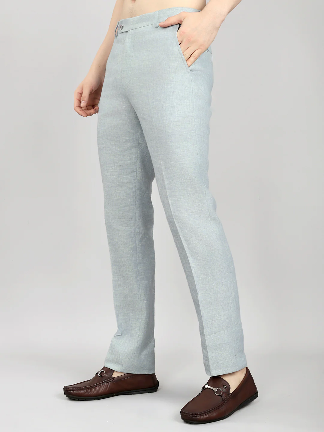Men Light Blue Solid Regular Fit Trouser - Image 2