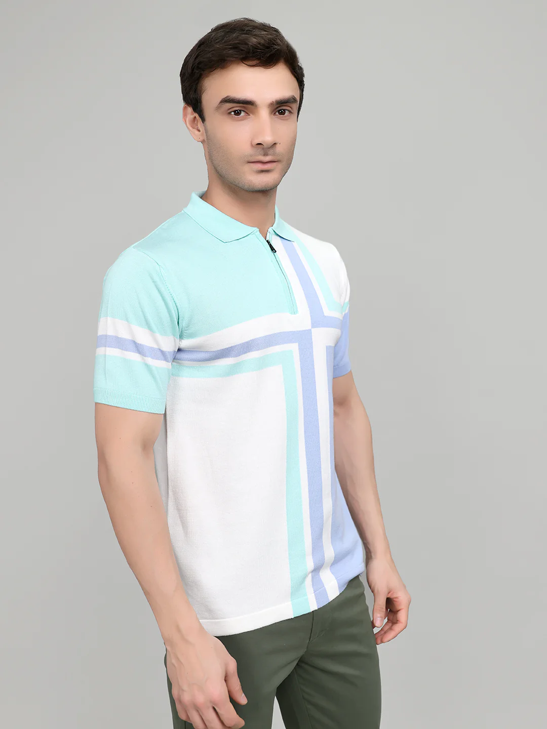 Men Light Blue Stripe Collar Half Sleeve T-Shirt - Image 3