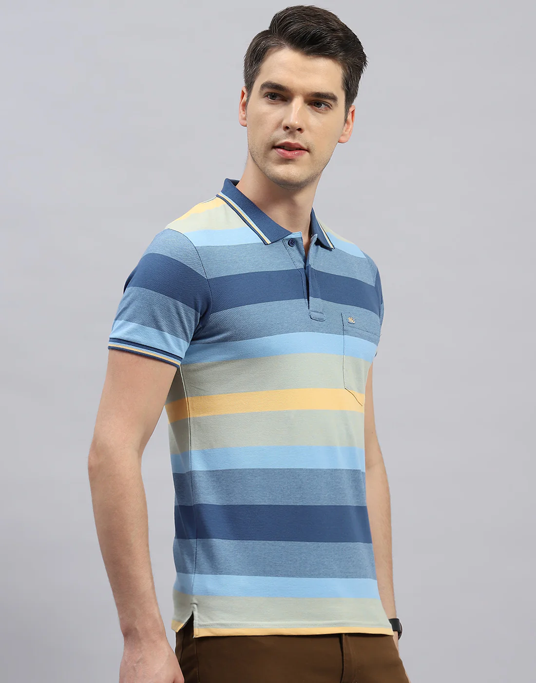 Men Light Blue Stripe Polo Collar Half Sleeve T-Shirt - Image 4