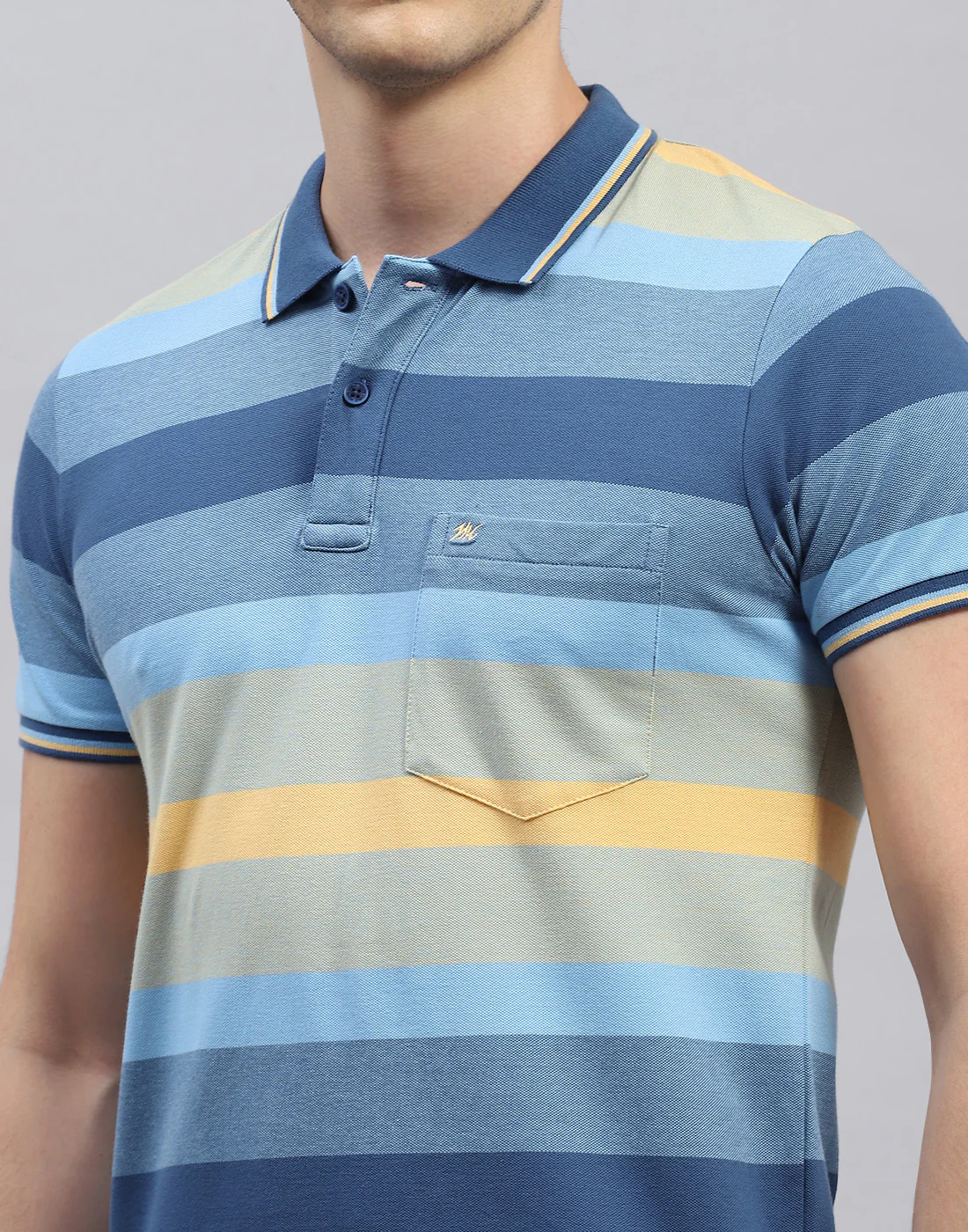 Men Light Blue Stripe Polo Collar Half Sleeve T-Shirt - Image 6