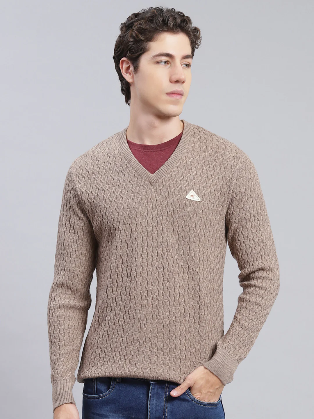 Men Light Brown Self Design Wool blend Pullover - Image 2