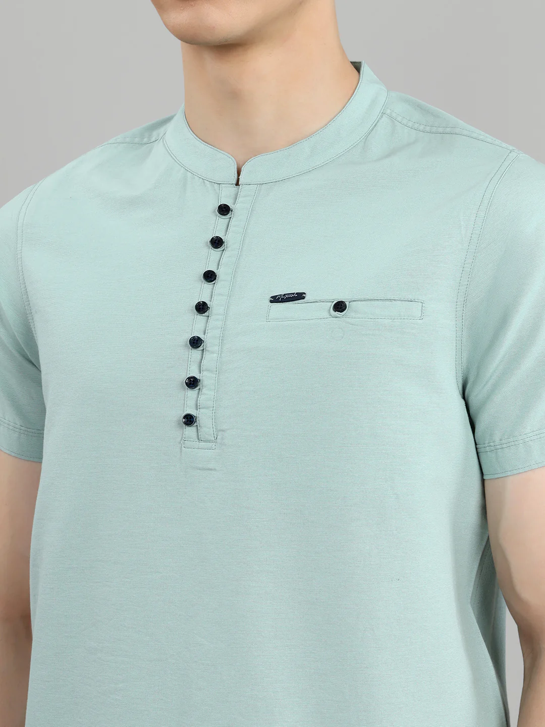 Men Light Green Solid Henley Neck Half Sleeve Kurta - Image 5